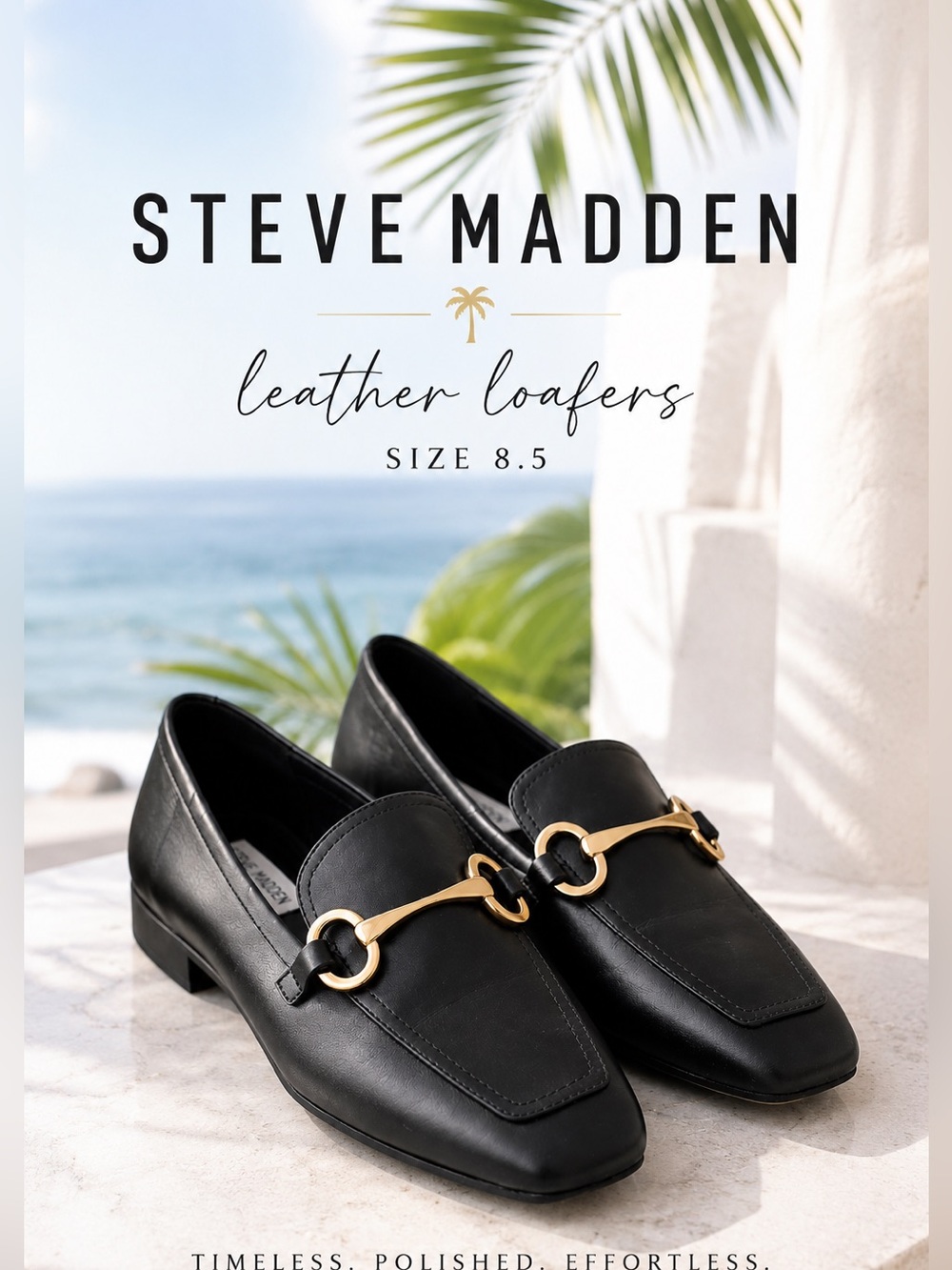 Steve Madden Black Leather Horsebit Loafers Size 8.5 Chic Quiet Luxury Flats